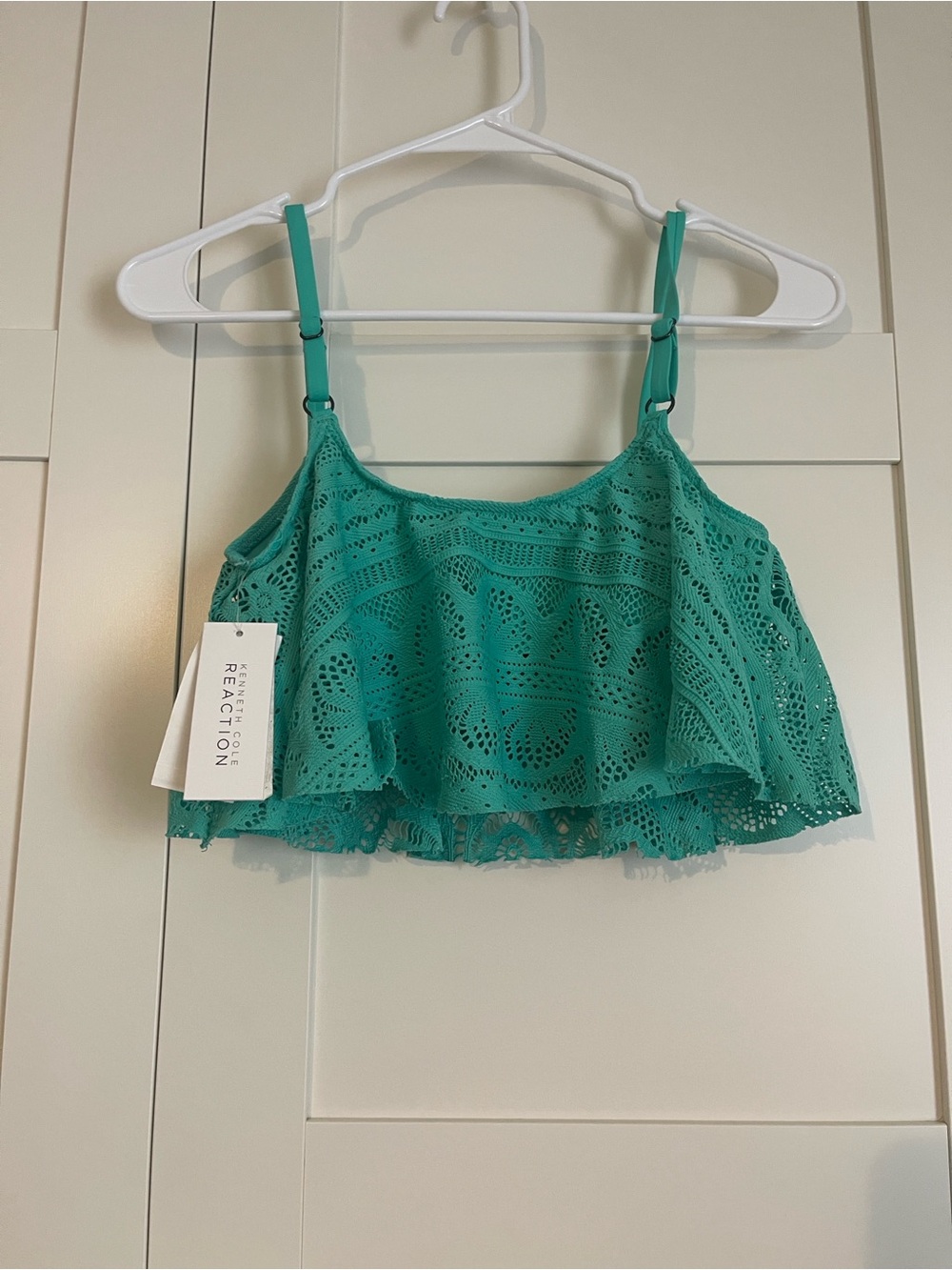Kenneth Cole Reaction Teal Crochet Flounce Bikini Top